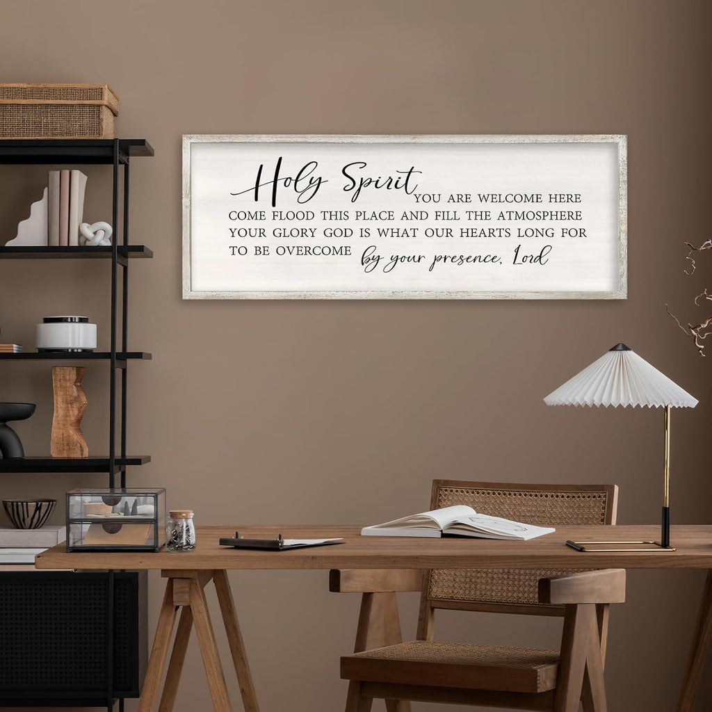 Holy Spirit You are Welcome Here Wall Decor Art 32x12 Inch Large Christian Song Bible Verse Plaque Wood Framed Sign Living Room Scripture Quote Religious For Office Wall Hanging (White)