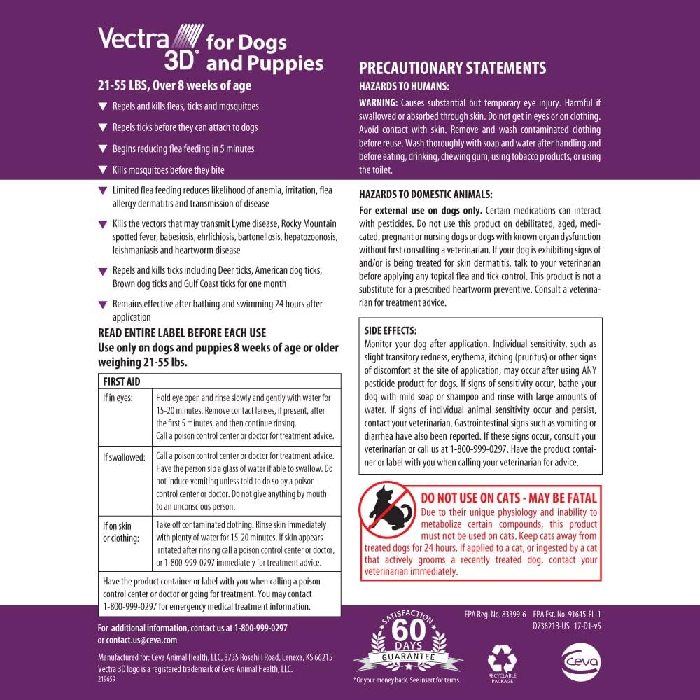 Vectra 3D for Dogs Flea, Tick & Mosquito Treatment & Prevention for Medium Dogs (21 – 55 lbs) , 6 month supply