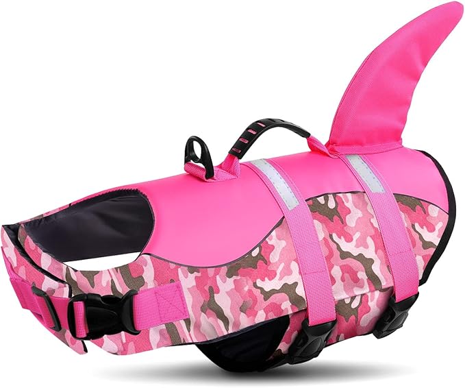 Dog Life Jacket Ripstop Dog Shark Safety Vest Adjustable Preserver with High Buoyancy and Durable Rescue Handle for Small,Medium,Large Dogs, Pink Camouflage X-Large