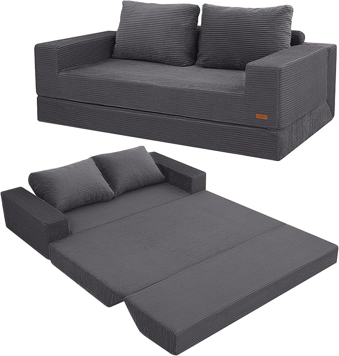 COMAX Convertible Sofa Bed Queen, Corduroy Folding Floor Couch Pull Out Couch Bed Futon Sleeper with Pillows, Fold Out Boneless Sofa Comfy Lounge Mattress Loveseat for Living Room Bedroom, Grey