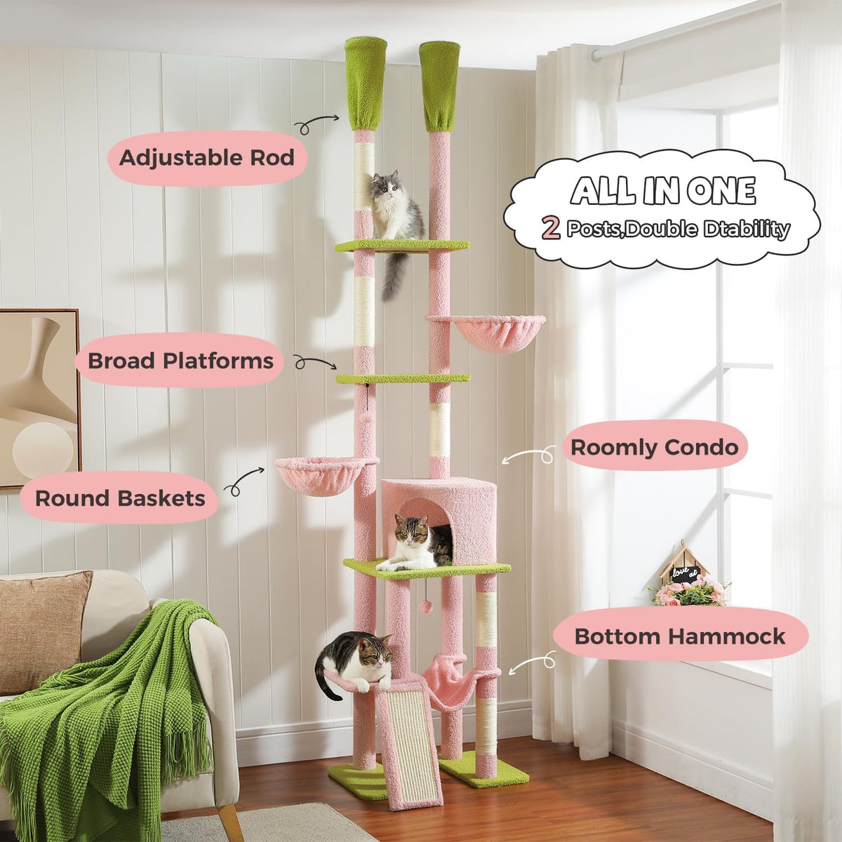 PAWZ Road Pink Cat Tree, Floor to Ceiling Cat Tower with Adjustable Height(85-112 Inches), 7 Tiers Climbing Activity Center with Cozy Hammocks, 5 Platforms and Scratching Posts for Indoor Cats-Pink
