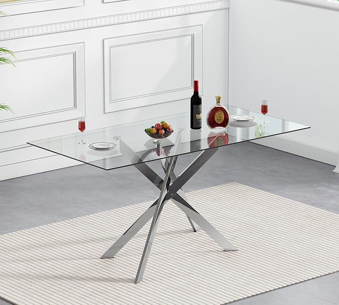 51" Rectangular Glass Dining Table Modern Kitchen Glass Top Table for 4 with Silver Metal Legs, Clear Dining Table Kitchen Table for Home Office Dining Room