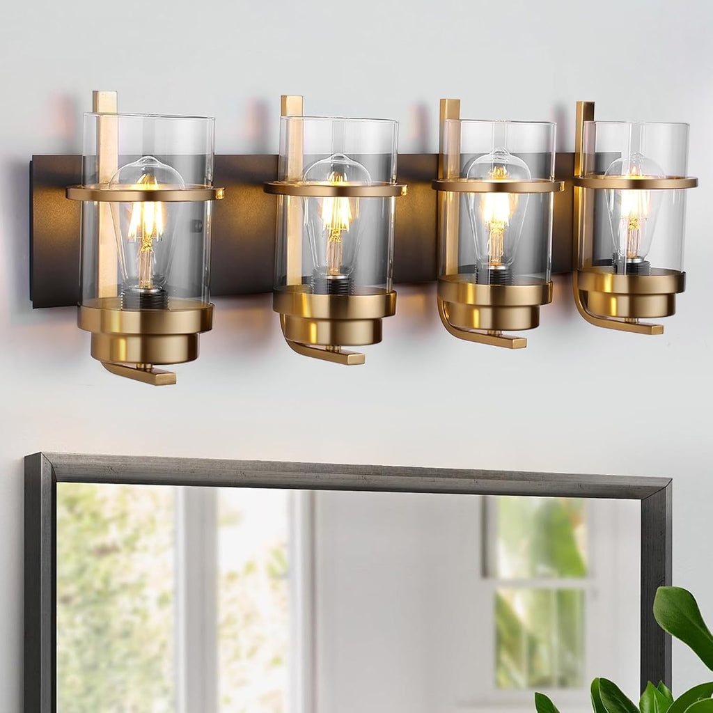 Black Gold Wall Sconces,Bathroom Vanity Light Fixtures,4 Lights Black Sconce Over Mirror,Farmhouse Bathroom Lights(Bulbs not Included)