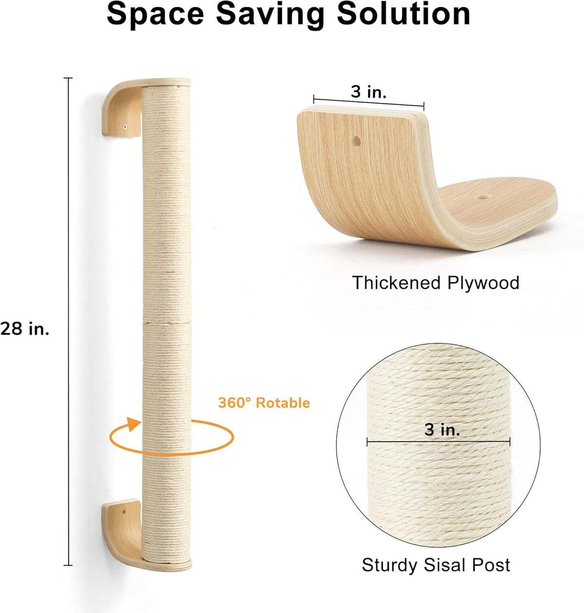 FUKUMARU Cat Wall Scratcher, 28" Wall Mounted Kitten Scratching Post, Sturdy Sisal Climbing Tree for Indoor Cats
