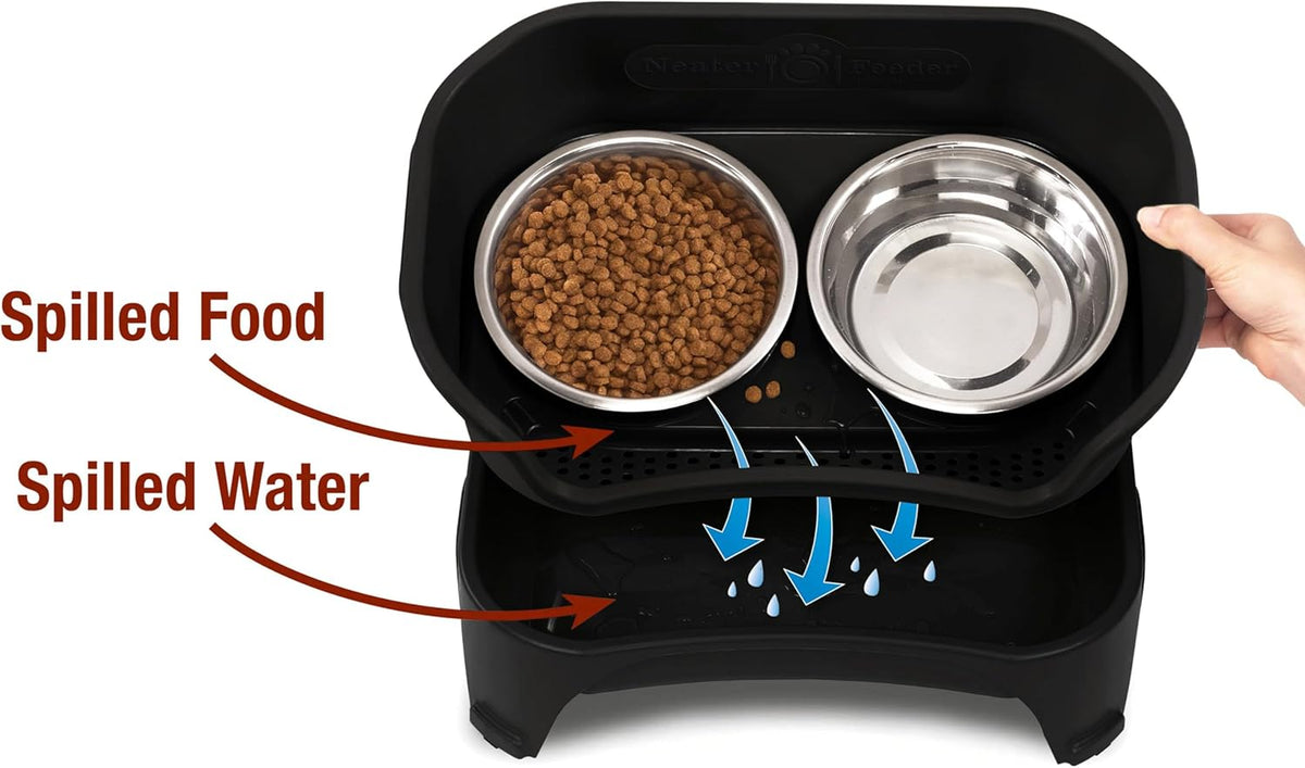 Neater Feeder - Express Model w/ Slow Feed Bowl - Mess-Proof Dog Bowls (M/L, Black) Made in USA – Elevated, No Spill, Non-Tip, Non-Slip, Raised Stainless Steel Food/Water Pet Bowls Aid Digestion