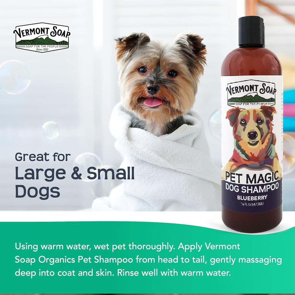 VERMONT SOAP Organics Pet Shampoo - Infused with Organic & Natural Olive Oil, Coconut & Aloe Vera Dog Shampoo for Sensitive Skin - USDA Certified Grooming Pet Shampoo - Blueberry (16oz)