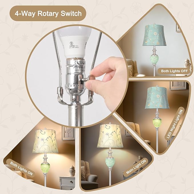 Vintage Floor Lamp for Living Room, 63" Tall Standing Lamp with Nightlight and Embroidered Shade, Farmhouse Floor Lamp with Silver Leaf Finish for Bedroom Corner, LED Bulb Included