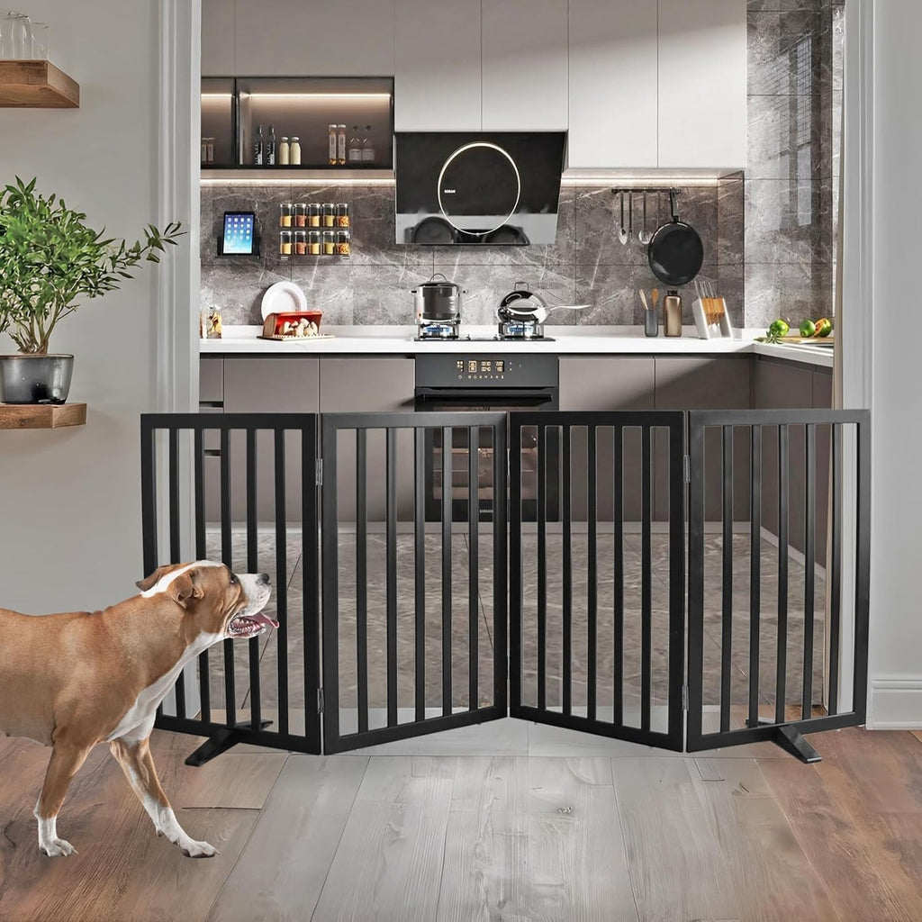 ZJSF Freestanding Indoor Dog Gate for House Foldable Wood Puppy Gate for Doorways Pet Gate for Stairs Extra Wide Pet Fence, Black, 32" Height 4 Panels