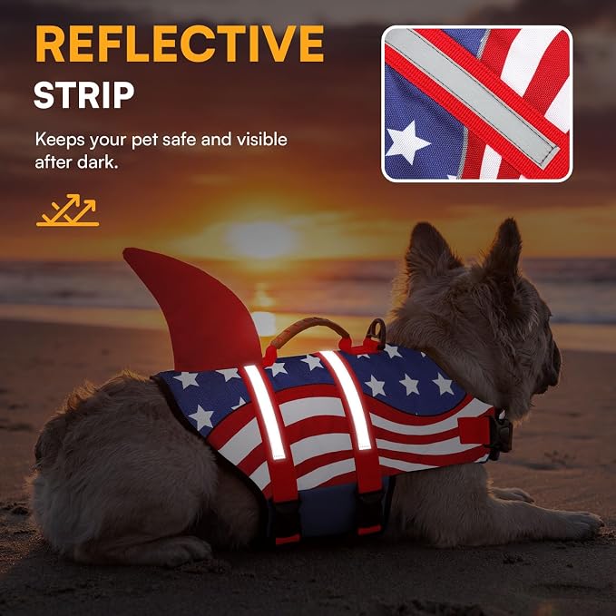 Shark Dog Life Vest for Swimming, Pet Life Vests for Boating, High Buoyant DogLife Jacket, Ripstop High Flotation Swimsui for Small, Medium, Large Dogs (USA Flag,XL)