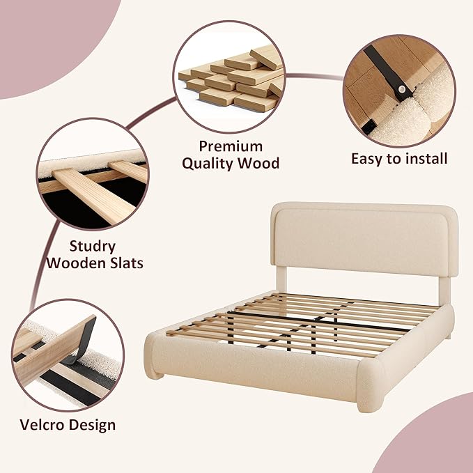 Queen Boucle Platform Bed Frame with Height Adjustable Headboard, Modern Upholstered Cloud Bed, Sleek Curved Design, No Box Spring Needed, Noise Free, Easy Assembly, Beige