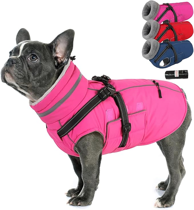 PETDSH Dog Coat Large, Built-in Harness Dog Jacket with Warm Fleece Lining, Waterproof Reflective Dogs Winter Coat, Pet Coats with Pocket and Trash Bags (Pink, Large)
