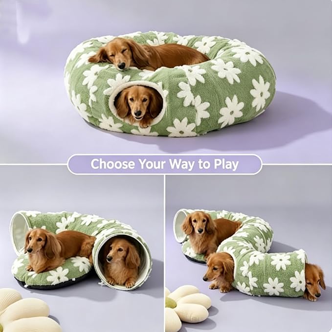 2026 New Tunnel Bed for Dachshund Dog,Dachshund Tunnel Bed - Flower Design Plush Foldable Dog Bed,Cat TunnelBed for Indoor Cats Tunnel Donut with Cushion and Play Ball,2 in 1,Detachable (B)