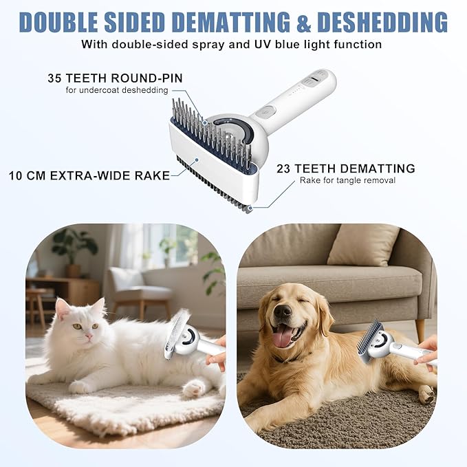 Double-Sided Pet Deshedding Dematting Comb & Steam Brush with 2 Spray Levels, Extra-Wide Detangling Undercoat Rake for Long-Hair Dogs & Cats Matted Fur, Knots, Rechargeable Grooming & Massage Tool