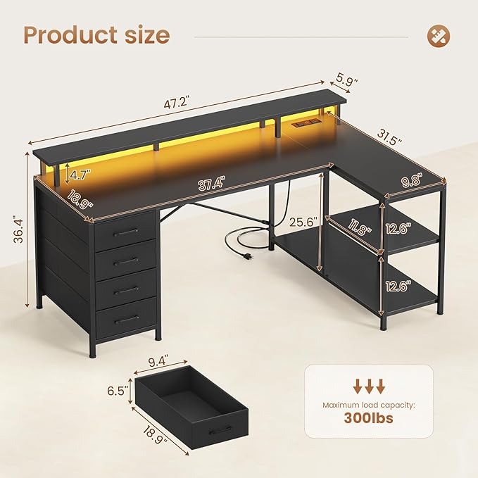 SEDETA L Shaped Desk with 4 Drawers and Storage Shelves, L Shaped Gaming Desk with LED Lights & Power Outlets, Computer Desk with Shelves & Drawer, Corner Desk Home Office Desk, Black