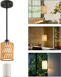 Pendant Light Boho Hanging Lamp, Rattan Hanging Lights with 2 in 1 Linen & Woven Shade, Ceiling Light Fixtures for Kitchen Island, Dining Room, Farmhouse, Bedroom (1 Pack)