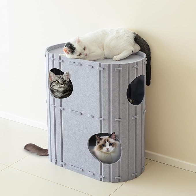 PETKARAY 2-Story Felt Cat House, Large Bed Cave for Indoor Cats, Felt Tunnel Hideaway Condo for Multi-Cat Households, 23.6x22x12 inches, Grey