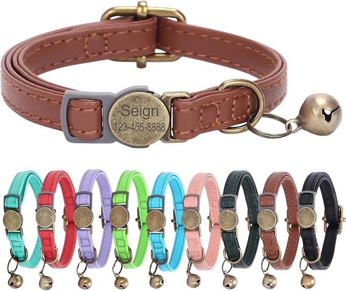 Cat Collar Breakaway, Personalized Leather Cat Collar with Bells-Adjustable Customized Collar with Name & Phone Number Tag for Girl Boy Cats -Quick Release Buckle for Cats & Kittens(Brown)