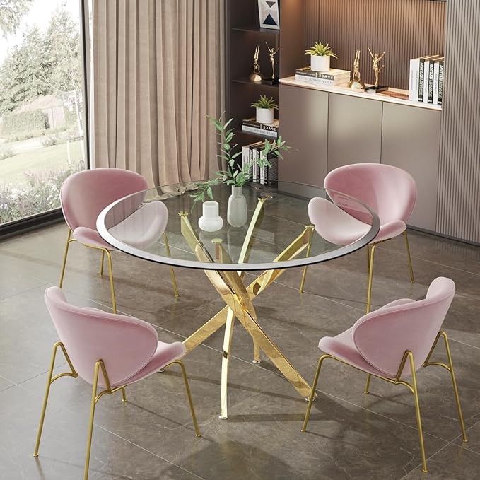 36" Round Dining Table for 4, Glass Kitchen & Dining Room Tables, Modern Circle Dining Room Table w/Tempered Glass Tabletop Gold Finish Metal Legs for Dinner Small Spaces