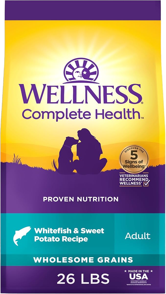 Wellness Complete Health Dry Dog Food, Wholesome Grains, Natural, Whitefish & Sweet Potato Recipe, (26-Pound Bag)