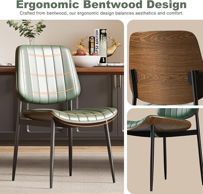 Modern Green Leather Dining Chair Set of 6, Bentwood Backrest & Black Metal Frame Ergonomic Comfort, Sustainable Style, Multi-Space Versatile, Green