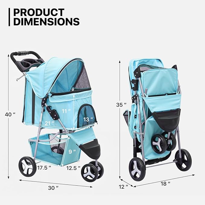 MoNiBloom 3 Wheels Pet Dog Cat Stroller for Small Medium Dogs Cats, Lightweight Foldable Jogger Stroller w/Storage Basket and Cup Holder, Mint Green