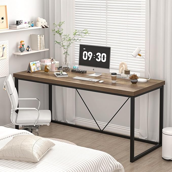 FOLUBAN Industrial Computer Desk, Rustic Wood and Metal Writing Desk, Vintage PC Table for Home Office, Oak 60 inch