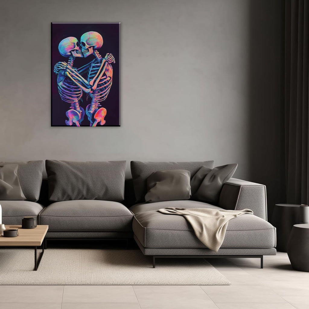 Skeleton Wall Art Kissing Skull Art Poster Skeleton Lover Picture Print On Canvas Abstract Horrible Theme Painting Framed Artwork Living Room Decor(Artwork-3,16"x24")