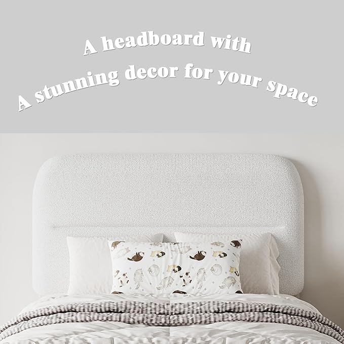 HOMBCK Twin Bed Frames with Headboard, Boucle Upholstered Platform Bed Twin Size for Kids, Rounded Corners & Thickened Footboard, No Box Spring Needed/Easy Assembly, White