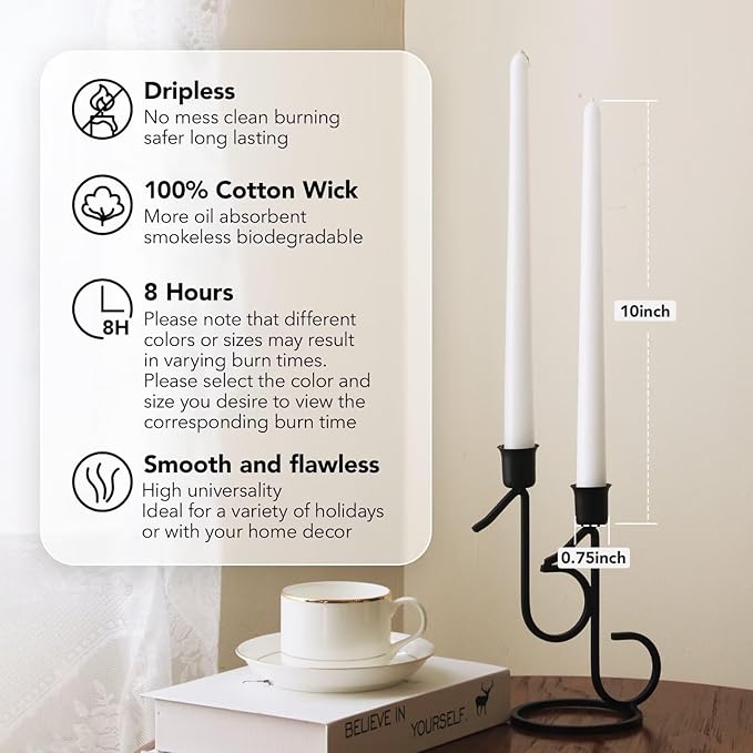 New Burning Formula Unscented Dripless 10-Inch Taper Candles Set of 12 - White, for Wedding, Dinner - Smokeless, Long Burning - Hand Poured, Colored Tall Candlesticks - Blancas