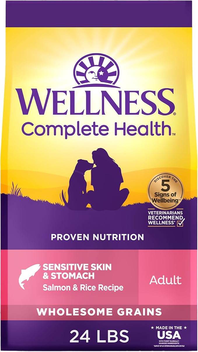 Wellness Complete Health Sensitive Skin & Stomach Dry Dog Food, Wholesome Grains, Natural, Salmon & Rice Recipe, (24-Pound Bag)