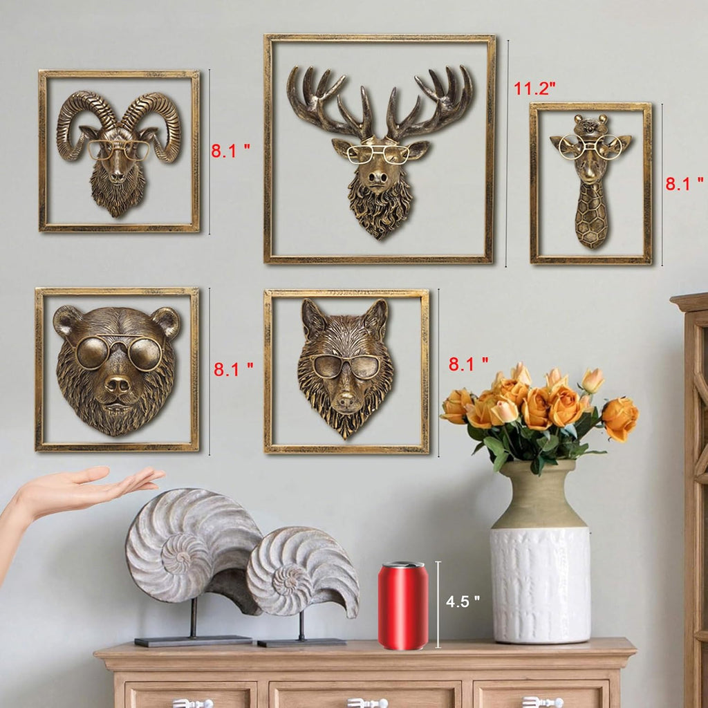 JJALIGHTS Animal Heads Wall Decor Resin Animals Sculptures Head Wall Hanging Decoration Imitation Copper vintage Wall Sculpture for Living Room Bedroom Office(Deer,not include metal frames)