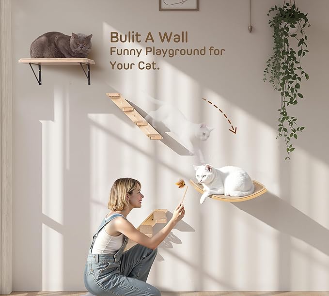 Wall Mounted Cat Shelves Set for Large Cats, 4 Piece Wood Cats Wall Furniture with Sisal-Padded Bed, Flat Perch and 2 Climbing 4-Steps Stairs