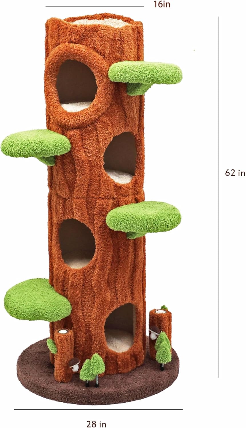Magic Forest Cat Tree Tower, 62 inches Tall, Real Solid Wood Cat Tree for Multi-Cat Household