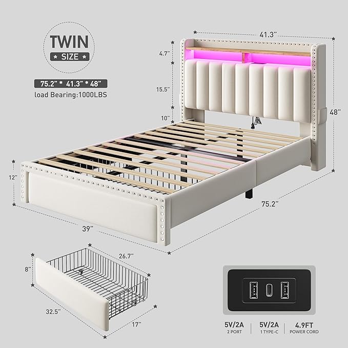 EnHomee Twin Size Bed Frame with One Large Storage Headboard & Charging Station, LED Platform Bed Frame with Storage Drawers, Sturdy Wooden Slats Support, Noise-Free, No Box Spring Needed, Beige