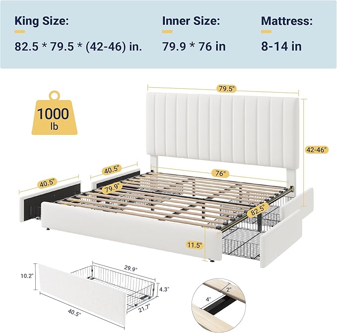 Allewie King Size Storage Bed Frame, Vertical Channel Tufted Adjustable Headboard, Velvet Upholstered Platform Bed with 4 Oversized Underbed Drawers, Wooden Slats Support, No Box Spring Needed, White