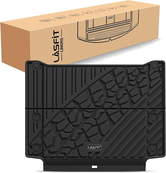 LASFIT Trunk Mat for Jeep Wrangler Unlimited 4XE 2021-2024 2025 4 Door with Subwoofer, Plug-in Hybrid EV-Gas (PHEV), All Weather TPE Custom Fit Cargo Mat Trunk Liner Cargo Liner, Black