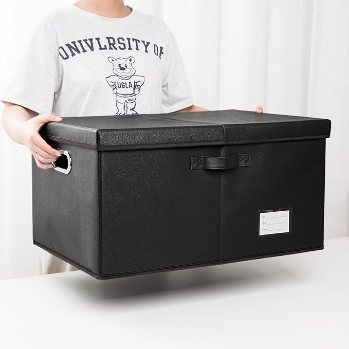 PRANDOM Collapsible Storage Box with Lid [1-Pack] Leather Fabric Foldable Storage Bin Organizer Container Basket Cube with Cover for Home Bedroom Closet Office Nursery Black (22.8X15.7X11.8)