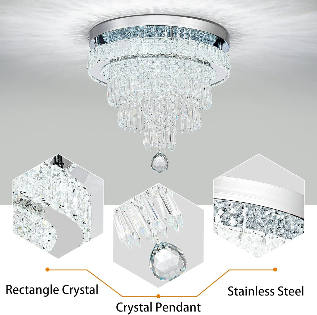 16“ Crystal Chandeliers Light Flush Mount Ceiling Light Fixtures Round Modern LED Chandelier for Living Room Bedroom Dining Room Closet Hallway (Cool White)