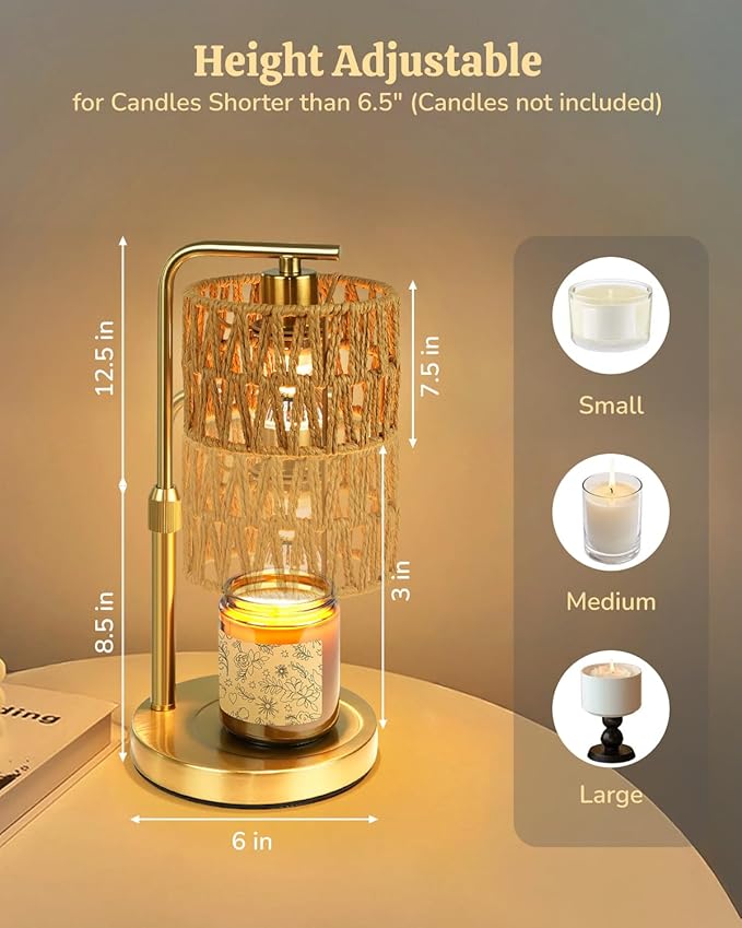 Candle Warmer Lamp with Timer, Dimmable Candle Warmer for Jar Candles, Height Adjustable Candle Lamp Warmer, Boho Rattan Lampshade and 2 Bulbs, Gift for Home Room Decor, Gifts for Women Mom (Gold)