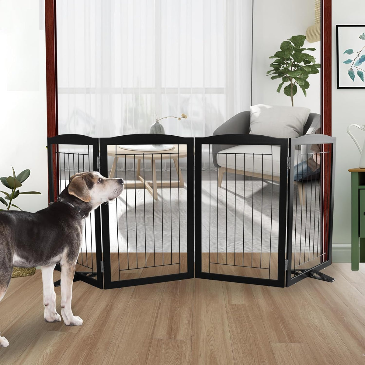 ZJSF Freestanding Dog Fence Indoor, Foldable Dog Gate for Doorways, Stairs or Hallways, Sturdy Wood Extra Wide Pet Gate with Support Feet for The House, Black, 32 "Height-4 Panels