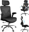 Ergonomic Office Chair-Computer X-Shaped Chair Mesh PU Leather with Adjustable Lumbar Support-Executive Desk Chair High Back with Headrest Flip-Up Arms for Long Hours (Black-Silver)