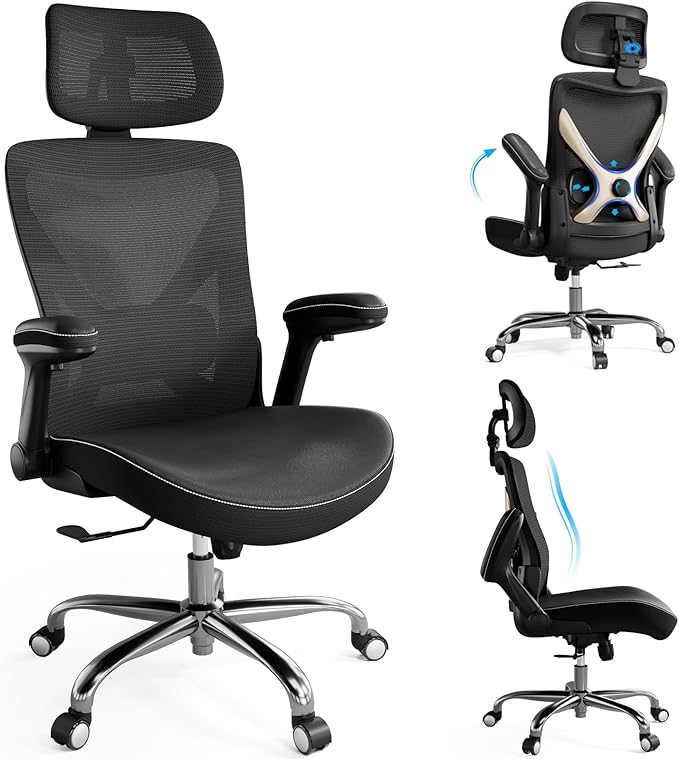 Ergonomic Office Chair-Computer X-Shaped Chair Mesh PU Leather with Adjustable Lumbar Support-Executive Desk Chair High Back with Headrest Flip-Up Arms for Long Hours (Black-Silver)