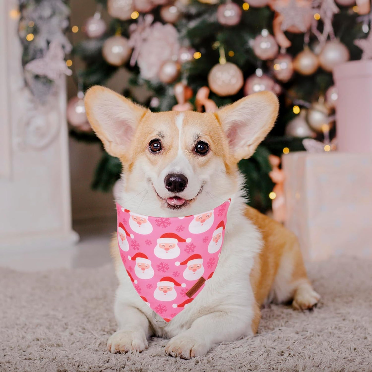 ADOGGYGO Christmas Dog Bandana, Xmas Tree Santa Pet Scarf, Premium Durable Fabric, Adjustable Fit Female Pet Christmas Bandanas for Medium Large Dogs (Large)