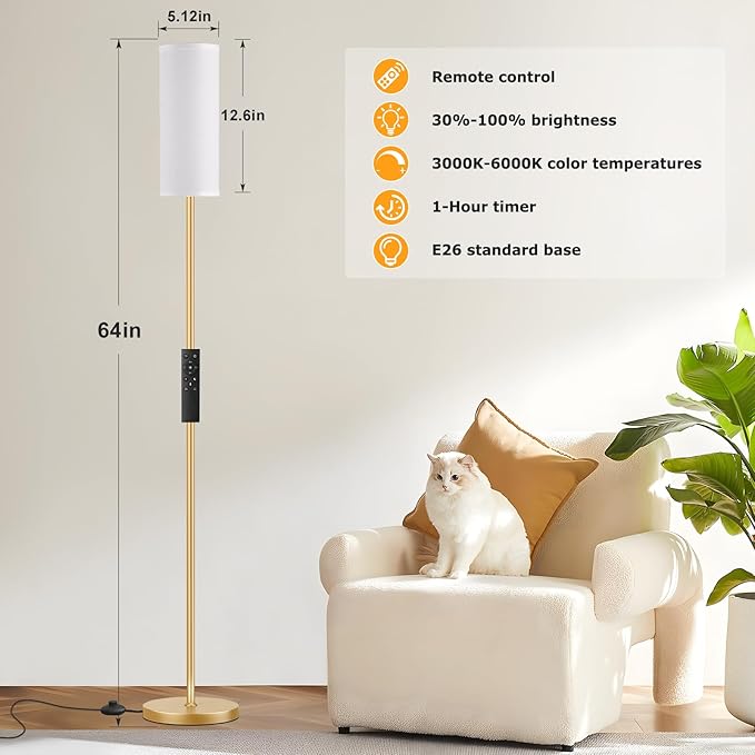 Ambimall 64'' Floor Lamps for Living Room with Remote Control and Stepless Dimmable Colors Temperature & Brightness, 9W Bulb Included(White Lampshade & Gold Pole)