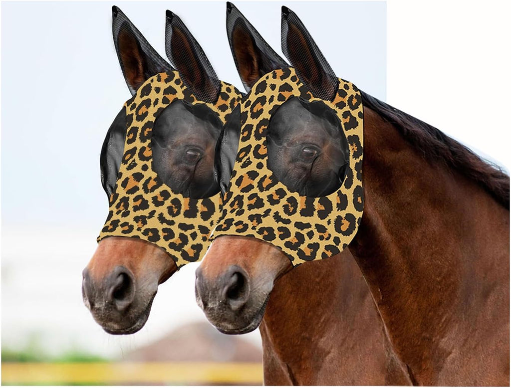 Horse Fly Mask with Ears - Comfort Fit, Durable & Breathable, Easy to on/Off | UV Protection, Large Eye Space, Stretchy Leopard Print (2pcs Medium, Tangle-Free)