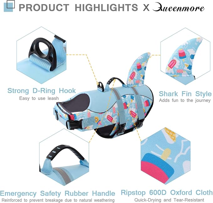 Shark Dog Life Vest for Swimming, Dog Life Vests for Boating, High Buoyant Dog Life Jacket, Ripstop High Flotation Swimsui for Small, Medium, Large Dogs (Blue Ice Cream,XS)