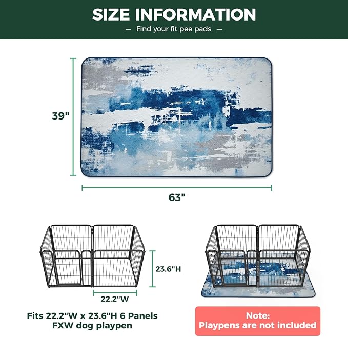 FXW Washable Pee Pads for Dogs, Puppy Pads with Super Absorbent, Specifically Designed for FXW Rollick/Homeplus 24inch 6 Panels Dog Playpen, 39" x 63" Rectangle, Tie-Dye Blue, 1 Pack