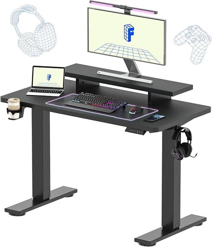 FLEXISPOT Standing Desk with Monitor Stand, 48 x 24 Inches One-Piece Electric Height Adjustable Computer Desk with Cup Holder, Home Office Desks (Black Frame+ Black Top)
