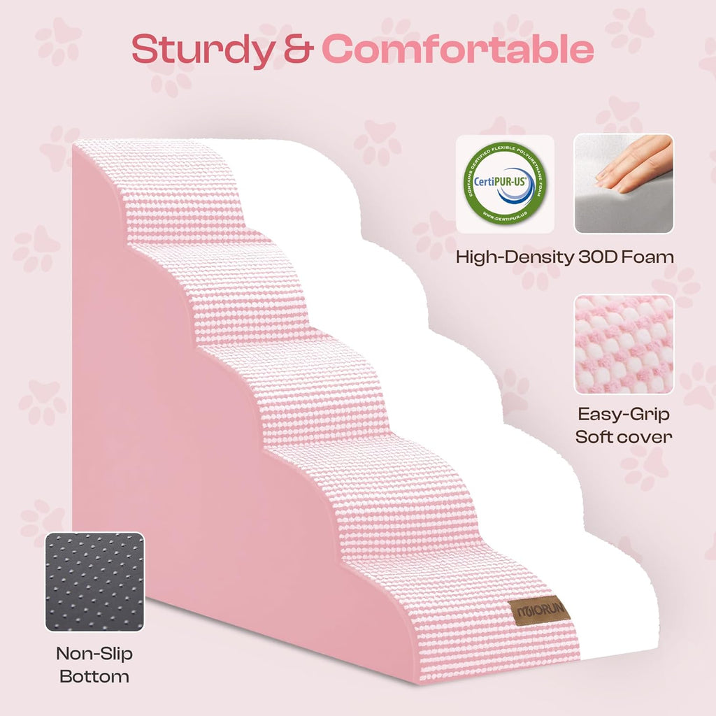 Curved Dog Stairs for High Bed Up to 26", 5-Step Dog Ramp for Small Dogs with Washable Cover, Non-Slip Steps for Cats to Get on Couch and Sofa, Durable Foam Ladder for Medium Breeds, White Pink