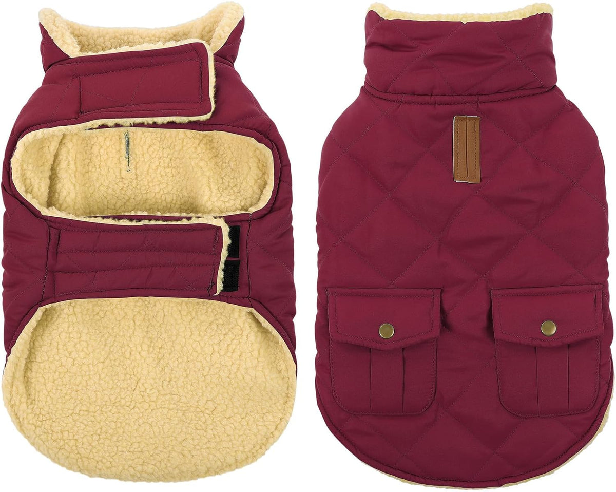 Queenmore Dog Winter Coat Warm Puffer Jacket Waterproof Plush Lining Thermal Cold Weather Vest for Small Medium Large Dogs, Windproof Easy On Pet Jacket Burgundy XS